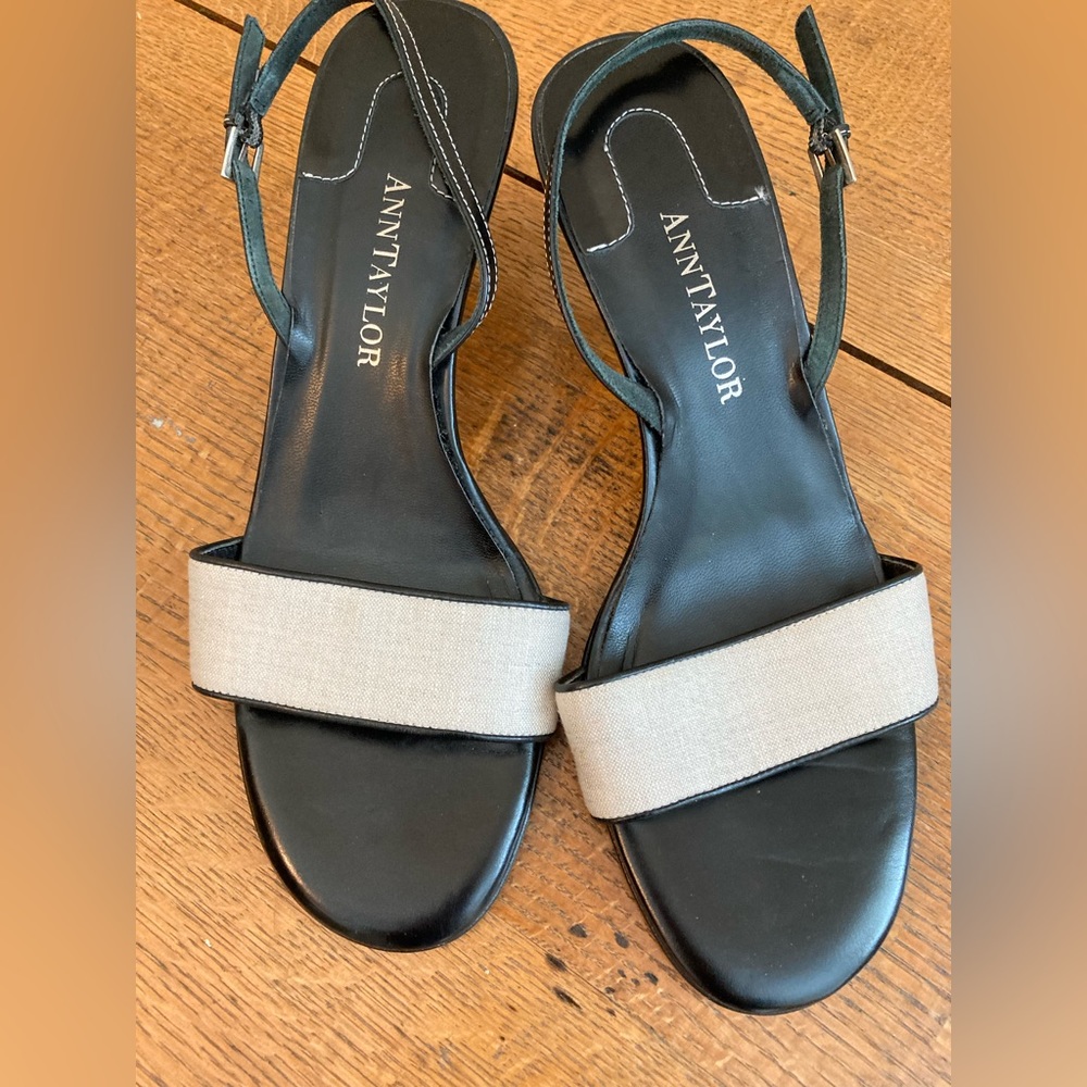 Ann Taylor sling back sandals, tan linen, black leather.  Size 8.5. Worn once.